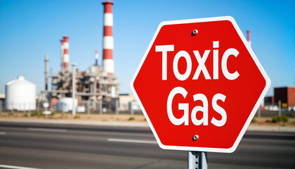 Warning sign for toxic gas near industrial facility for blogs, websites, safety materials, environmental awareness campaigns, presentations, and educational resources on hazardous substances