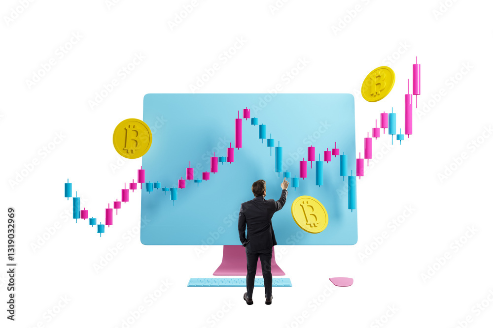 Poster Businessman in suit analyzing financial candlestick chart on large computer screen with Bitcoin coins floating around, isolated on white background