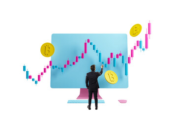 Businessman in suit analyzing financial candlestick chart on large computer screen with Bitcoin coins floating around, isolated on white background