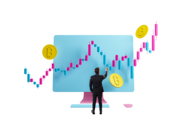 Businessman in suit analyzing financial candlestick chart on large computer screen with Bitcoin coins floating around, isolated on white background