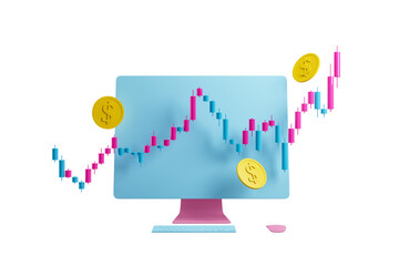 3D rendering of a financial trading chart on a pastel-colored computer screen with floating golden coins, symbolizing forex, stock market, and investment growth