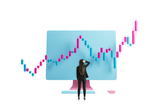 Businesswoman in black suit analyzing forex market candlestick chart on large computer screen, isolated on white background, concept of investment