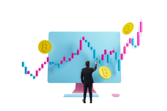 Businessman in suit analyzing financial candlestick chart on large computer screen with Bitcoin coins floating around, isolated on white background