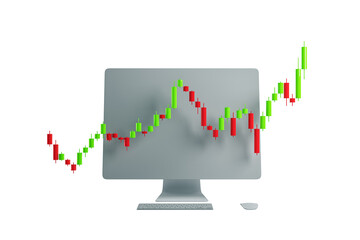 3D rendering of a forex candlestick chart extending beyond a computer screen on a white background, representing financial market analysis and investment