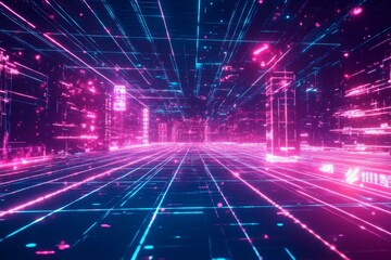 Cyberpunk digital landscape with glowing gridlines and holograms
