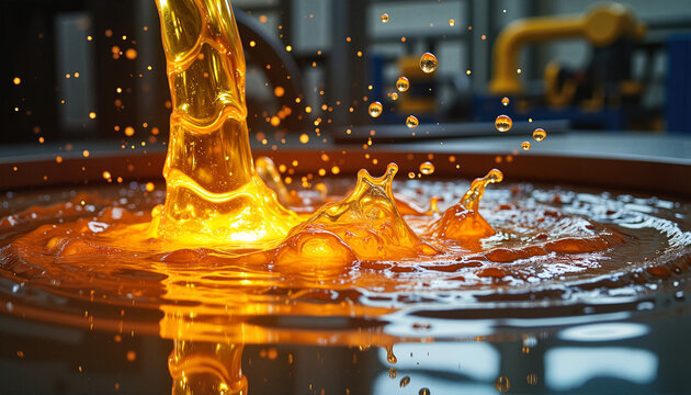 Golden liquid splash creating ripples in still water for blogs, websites, product designs, digital art, educational materials, and presentations focusing on fluid dynamics or visual effects