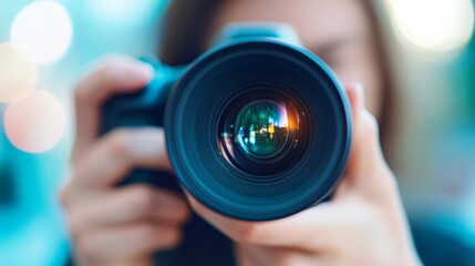 Creative individual capturing moments, young adult holding camera, vibrant background, focus on artistic expression and storytelling.