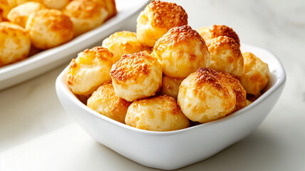 Delicious cheese bites in white bowl, perfect for snacking or appetizers
