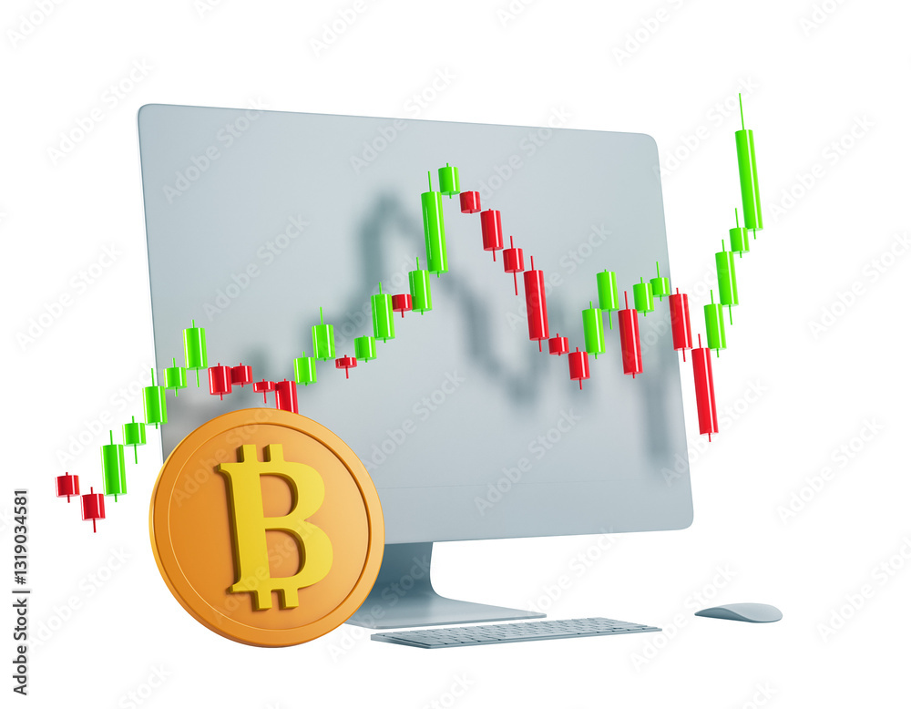 Fototapete Bitcoin coin with candlestick chart on computer screen, 3D Rendering. Digital currency investment and market trading concept