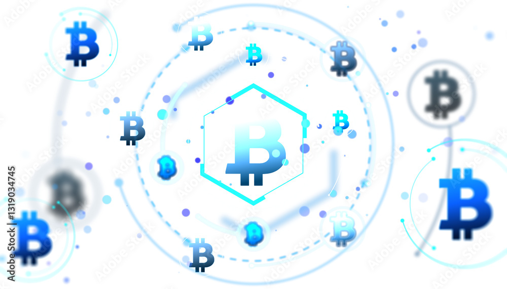 Fototapete Bitcoin symbols interconnected in a blockchain network with glowing effects on a white background. Concept of cryptocurrency and digital finance. 3D Rendering.