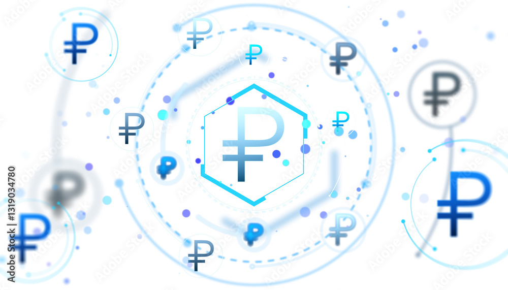 Poster russian ruble symbols in a futuristic digital style with glowing blue elements on a white background