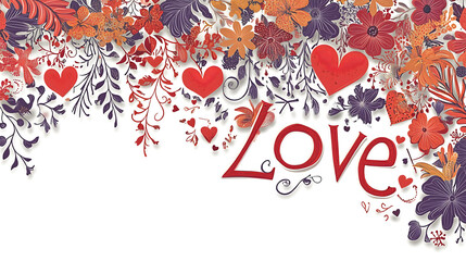 A love card with the word  Love in red, set on a white background decorated with various flowers and small red and purple hearts.