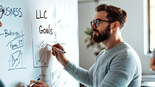 Startup Team Brainstorming for LLC Goals on Whiteboard