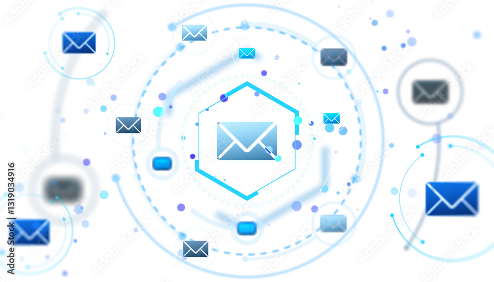 Poster Email icons in a futuristic digital layout with glowing blue elements on a white background. Concept of virtual communication and online messaging. 3D Rendering.