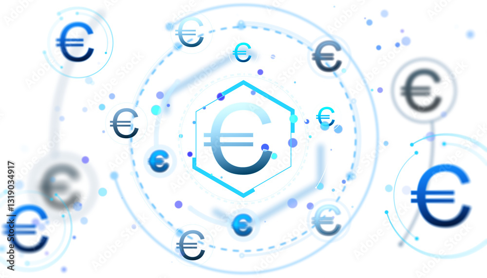 Poster euro currency symbols floating in digital abstract layout on a white background. concept of finance,