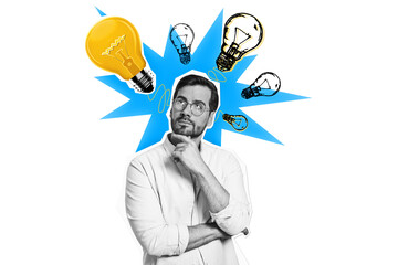 Man in glasses thinking, surrounded by hand-drawn lightbulbs with a blue burst, symbolizing...