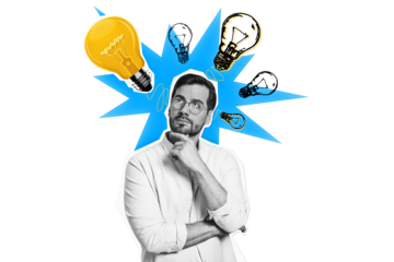 Man in glasses thinking, surrounded by hand-drawn lightbulbs with a blue burst, symbolizing creativity and ideas on a white background
