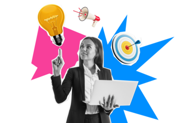 Businesswoman with laptop pointing at lightbulb, with target and megaphone icons on a white background. Concept of creativity and business ideas