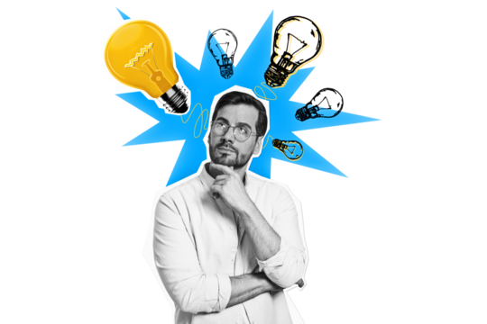 Man in glasses thinking, surrounded by hand-drawn lightbulbs with a blue burst, symbolizing creativity and ideas on a white background - Powered by Adobe