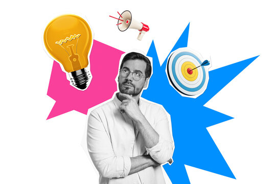 Thoughtful man in glasses with creative symbols like a lightbulb, target, and megaphone on a white background. Concept of ideas and business strategy
