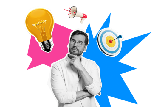 Thoughtful man in glasses with creative symbols like a lightbulb, target, and megaphone on a white background. Concept of ideas and business strategy - Powered by Adobe