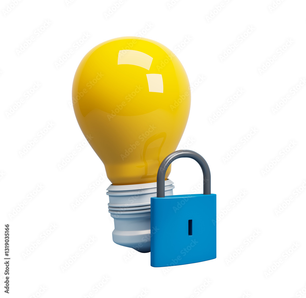 Poster yellow lightbulb with blue padlock isolated on white background. concept of intellectual property, i