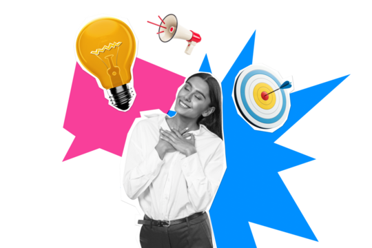 Female businesswoman in white shirt smiling with hands on chest, surrounded by a lightbulb, target, and megaphone on an abstract background. Concept of creativity and success