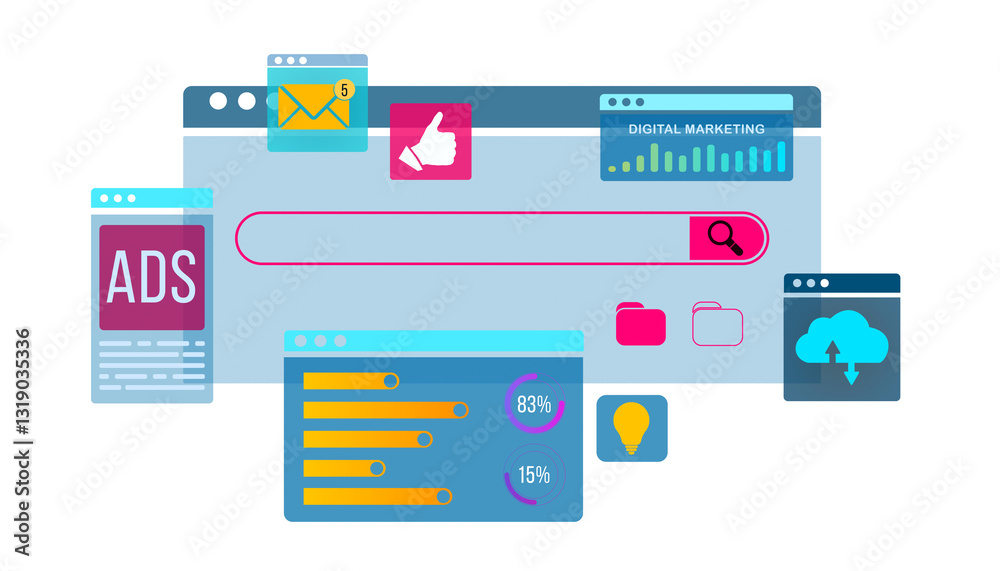 Poster digital marketing interface elements with search bar, ads, analytics, and cloud icons on a white bac
