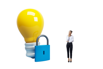 Businesswoman thinking near large locked yellow lightbulb symbol on white background, representing protected ideas and intellectual property