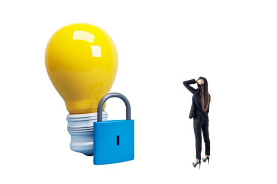 Businesswoman in black suit looking at large locked lightbulb. Isolated on white background. Concept of blocked creativity and innovation