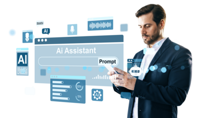 Businessman using AI assistant on smartphone with digital interface elements on white background. 