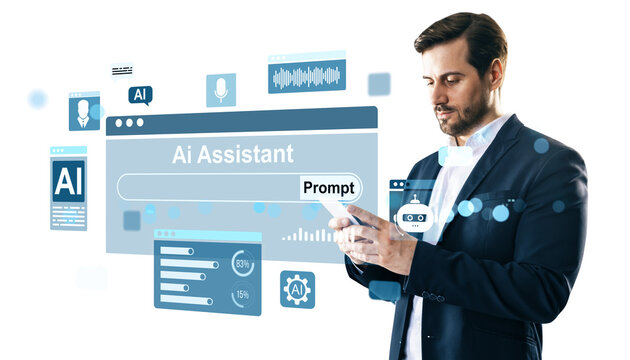 Businessman using AI assistant on smartphone with digital interface elements on white background.  - Powered by Adobe