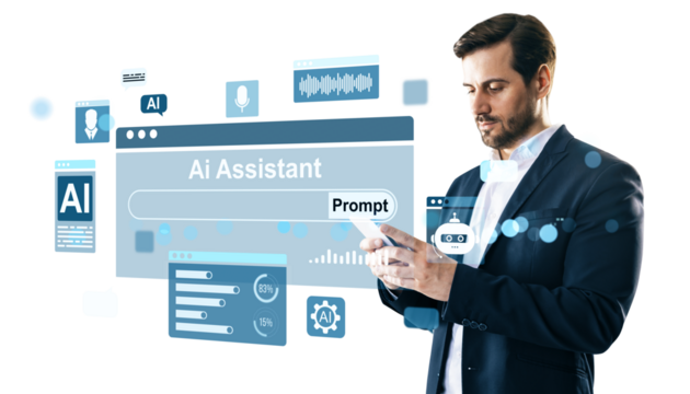 Businessman using AI assistant on smartphone with digital interface elements on white background. 