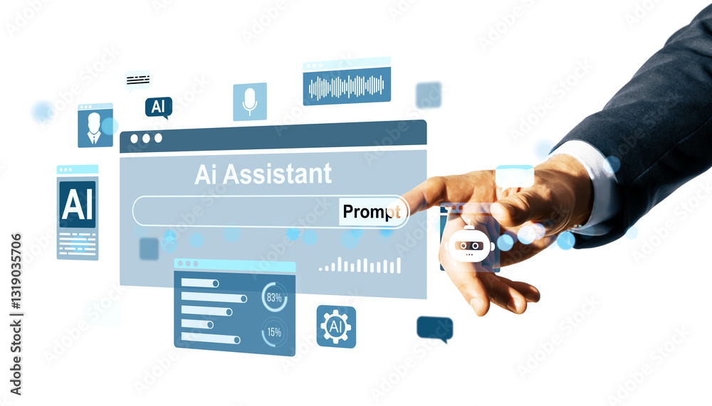 Poster businessperson interacting with ai assistant interface on white background.