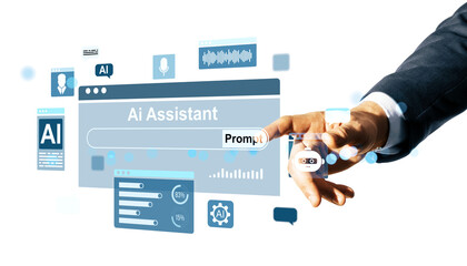 Businessperson interacting with AI assistant interface on white background. 