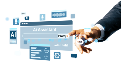 Businessperson interacting with AI assistant interface on white background. 