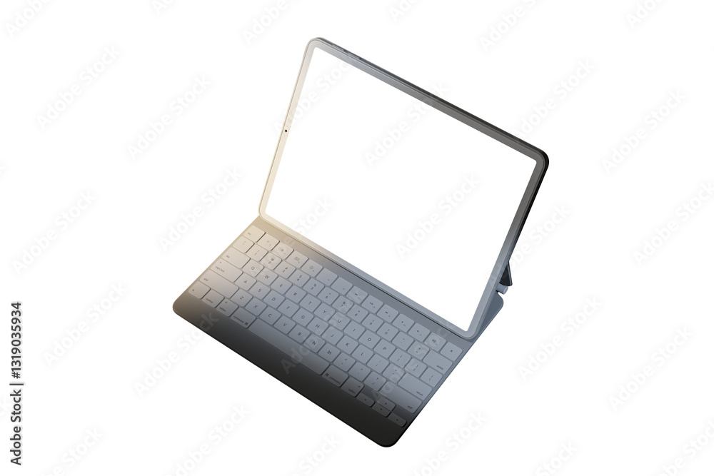 Poster Tablet with an attached keyboard, blank screen, isolated on white background, angled view. Concept for digital device mockup and online design. 3D Rendering.