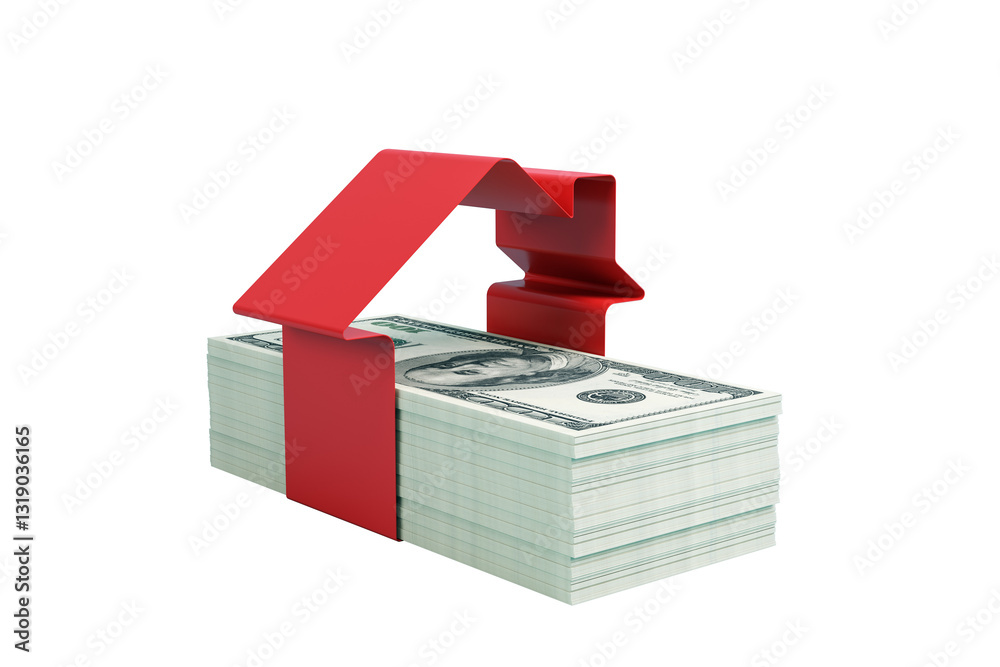 Poster stack of hundred-dollar bills with a red ribbon forming a house shape on a white background. concept