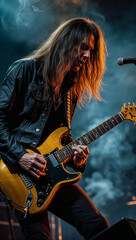 Obraz premium Guitarist Playing Electric Guitar on Stage Rock Concert