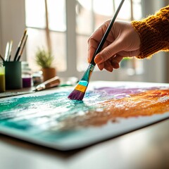 Fototapeta premium Artist painting vibrant colors, studio background, creative process, artwork for websites
