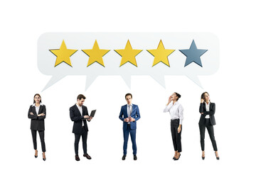 Group of businesspeople with rating stars in speech bubbles above them, standing on white...