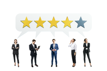 Group of businesspeople with rating stars in speech bubbles above them, standing on white background. Concept of feedback, ranking, evaluation