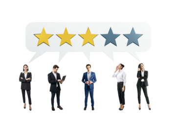 Businesspeople in formal attire under a three-star rating speech bubble on a white background. Concept of customer feedback and review ranking