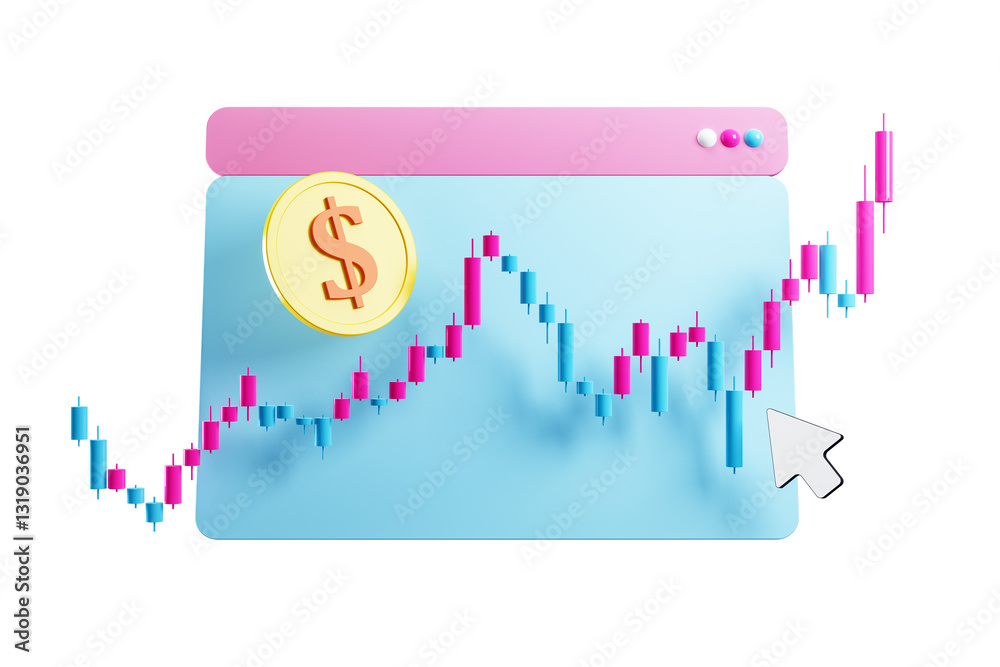 Poster 3D rendering of financial trading chart with dollar coin and cursor, isolated on white background. Concept of forex, market analysis, and investment
