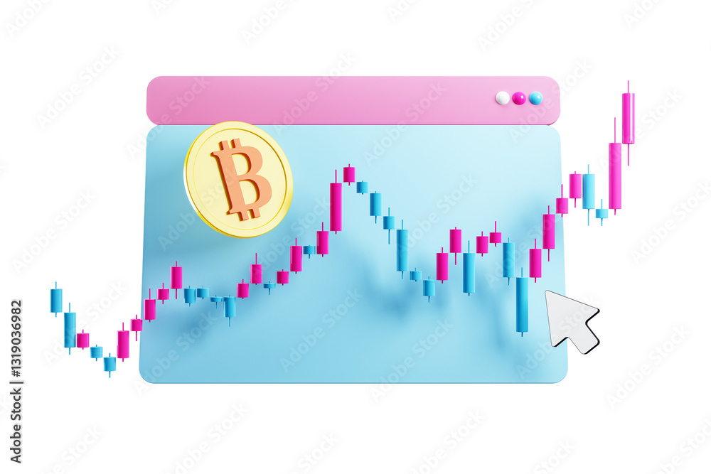 Poster Bitcoin symbol with a trading chart and candlestick graph in a digital finance layout on a white background. 3D Rendering