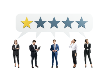 Group of businesspeople under a speech bubble with a one-star rating, expressing dissatisfaction and concern, on a white background. Concept of negative feedback