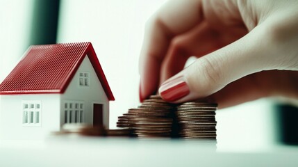Woman hand hold a wooden home model put on the stack coin with growing in the public park, Savings money for buy house and loan to business investment for real estate concept.
