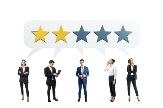 Business people standing under a speech bubble with a two-star rating on a white background. Concept of poor customer feedback and low ranking
