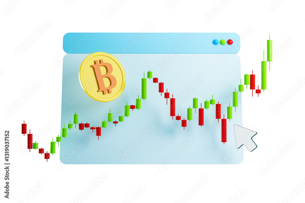 Poster Bitcoin trading chart with candlestick graph and BTC coin icon on white background, representing cryptocurrency investment and market analysis. 3D Rendering