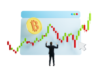 Businessman in suit raising fists in front of Bitcoin candlestick chart, symbolizing financial success and investment growth on white background